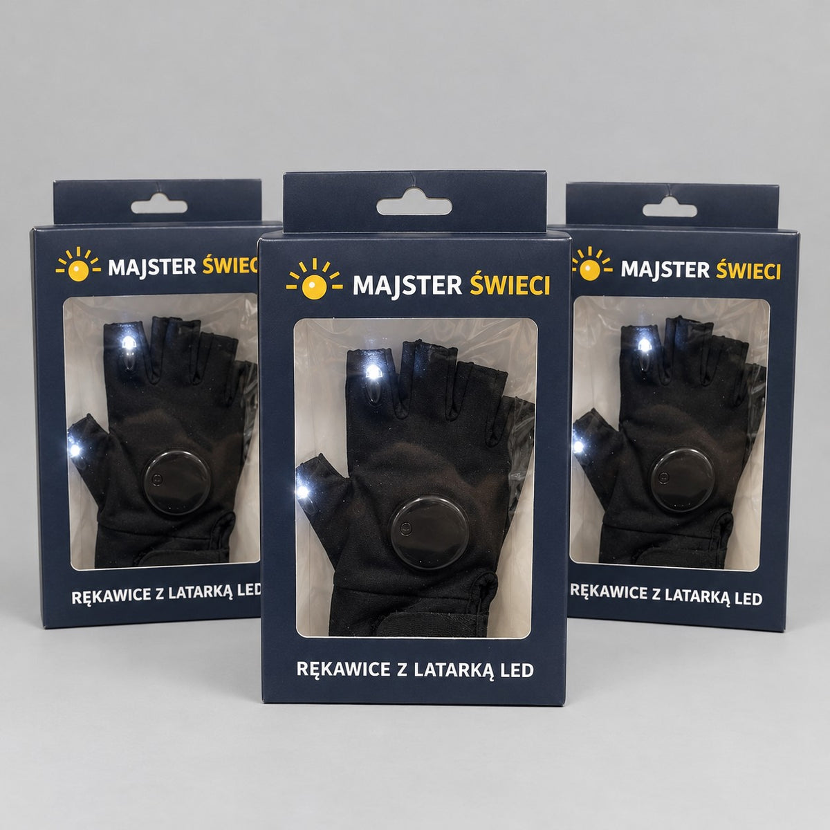 Trzy pudełka rękawic z latarką LED Majster Świeci